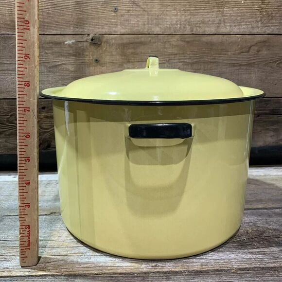 Vintage Enamelware, Large Stock Pot with Lid, Yellow, Black Trim - Picture 1 of 8